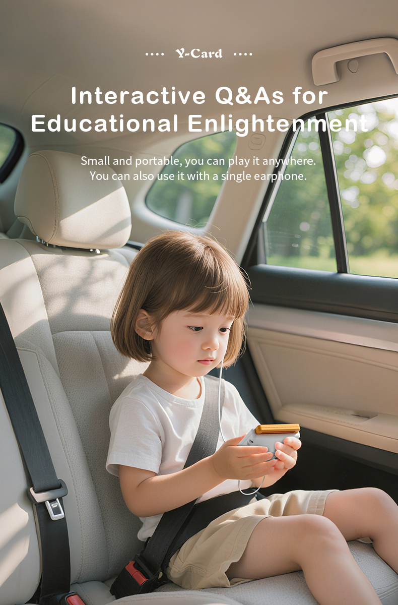 A little girl listens to the Clever Play Portable Player in the car. It features interactive Q&A