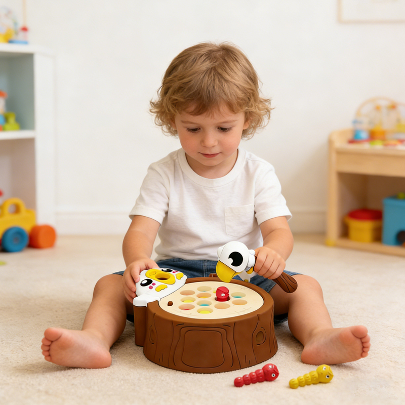 A child sits on the floor of the room playing with Electric Insect Fishing Toys
