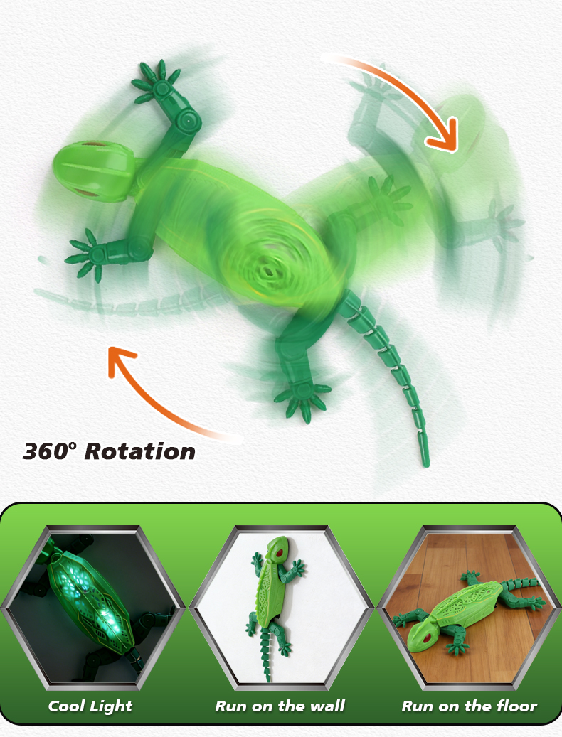 Wall-Climbing Geckos toys feature spinning, wall-climbing, and light-up functions