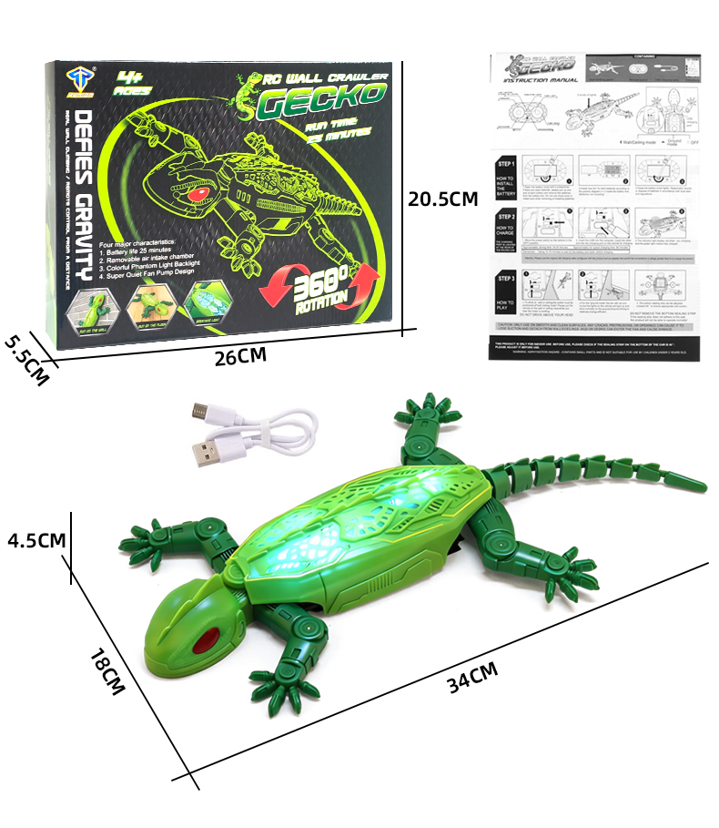 The dimensions of the Green Wall-Climbing Geckos toy and its outer packaging