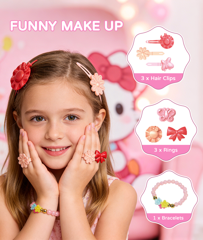 A little girl wore a bracelet on her wrist, three rings on her fingers, and three hair clips in her hair