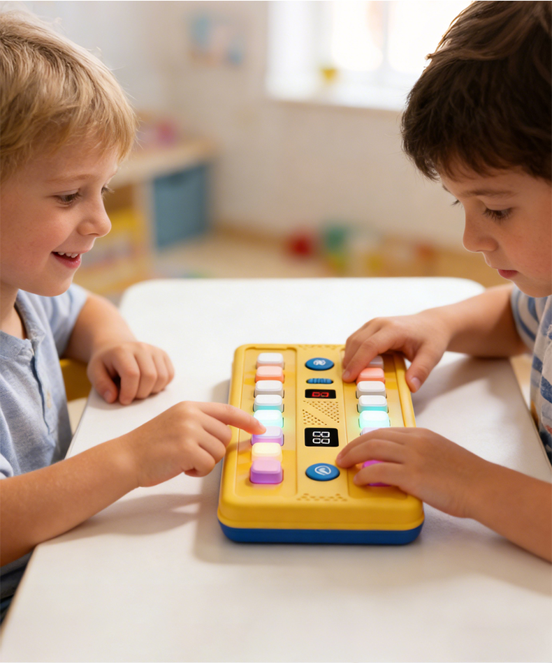 Two children sit facing each other at the table playing the Color Arrangement Challenge