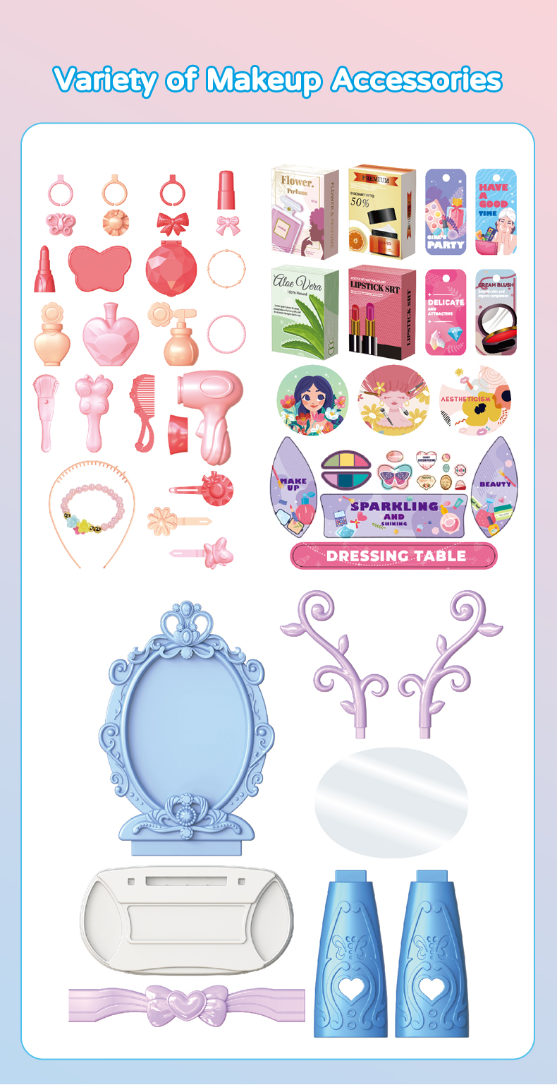 Display of Accessories for the Blue Princess Dressing Table Set Toy