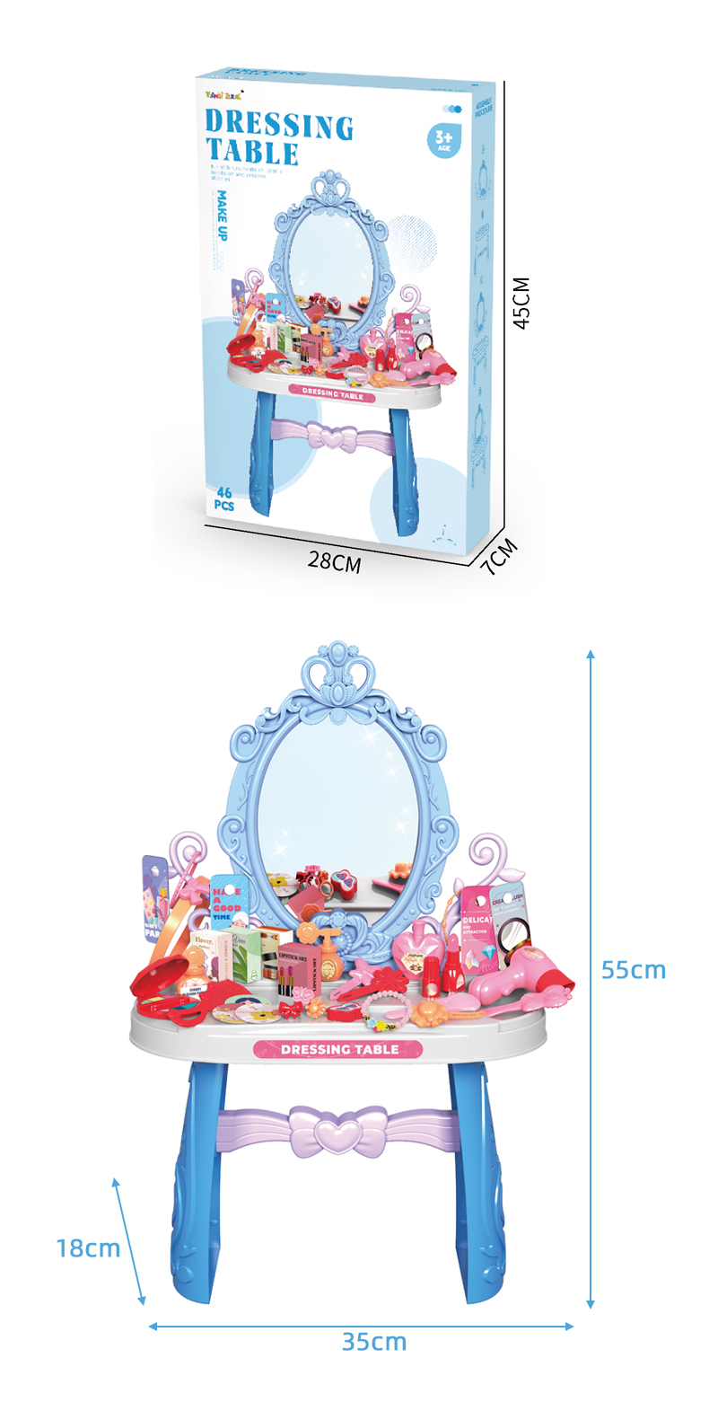 Dimensions of the blue Princess Dressing Table Set toy and its outer packaging