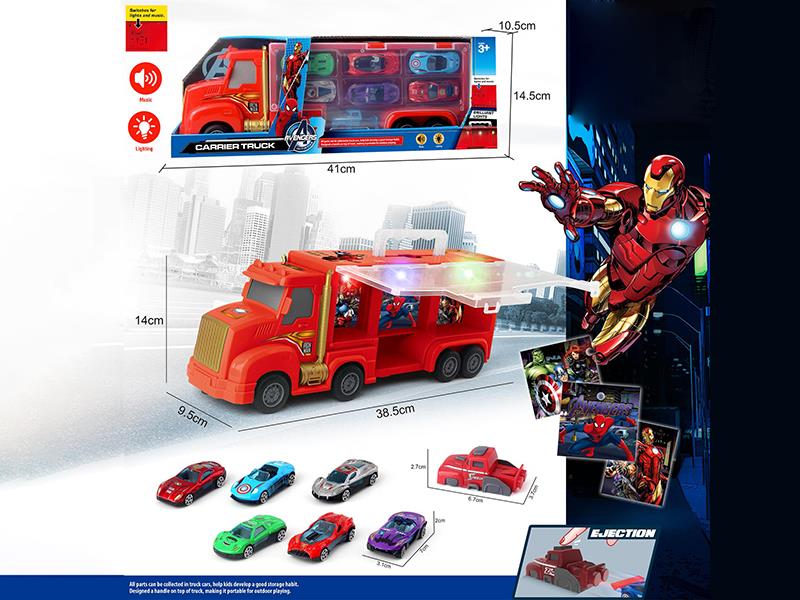 Friction Iron Man Storage Carrier Truck + 6 Alloy Cars + Launcher