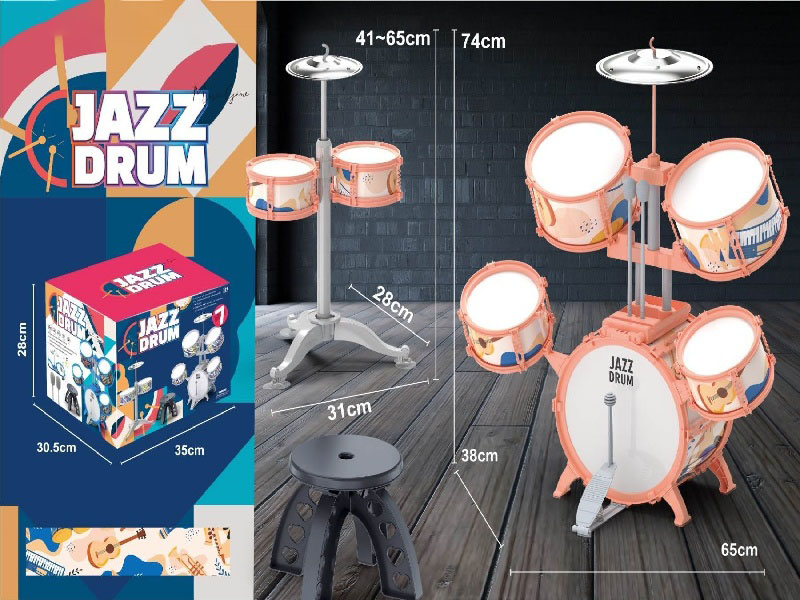 7 Drums, 2 Cymbals, Pink Ring Guitar Hoop + Stool (1 Drum, 1+3 Drum, 2+4 Drum, 2+5 Drum)