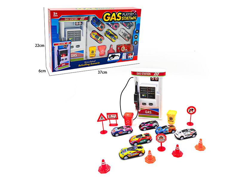 Gas Station Set With Lights And Music(6 Pull Back Iron Cars)
