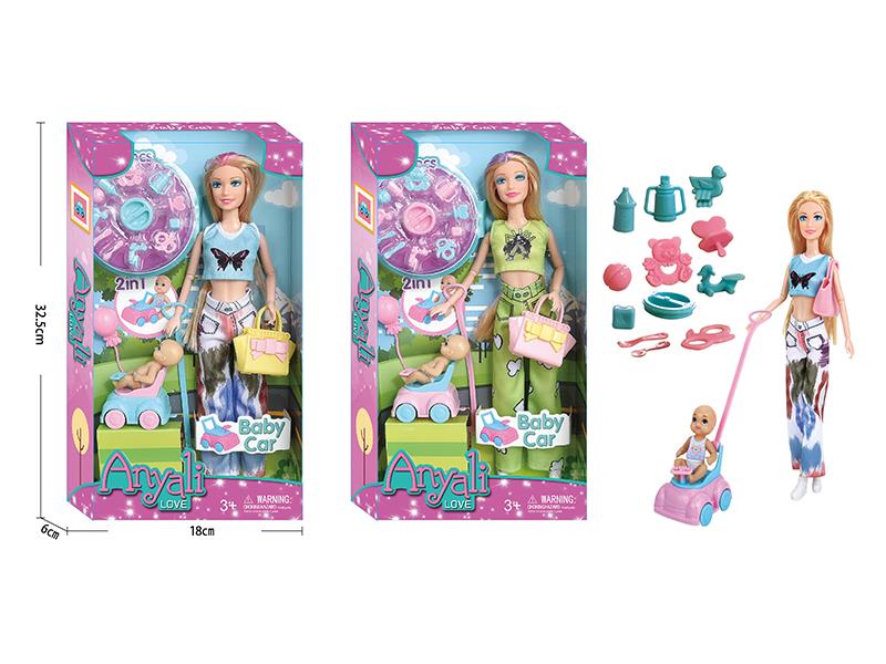 Jointed Doll With Baby Car Set
