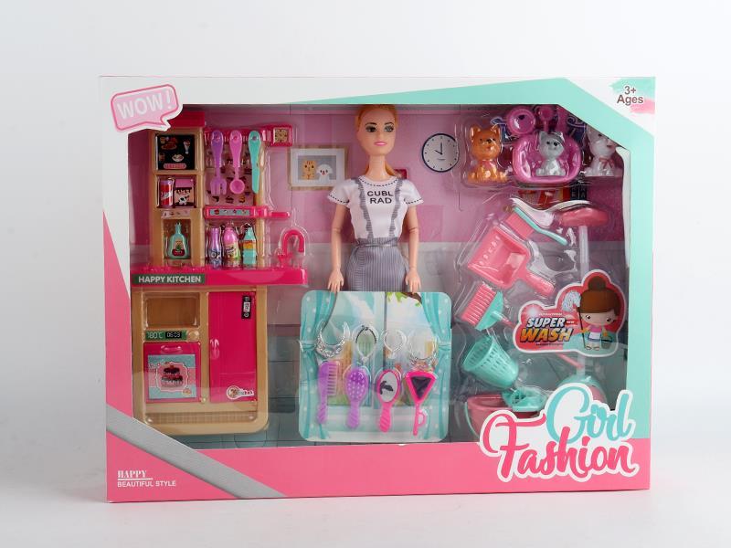 11 Inch Solid Doll With Cleaning Tools Pet Dog Kennel Dog Food Basin Crown Necklace Mirror Comb