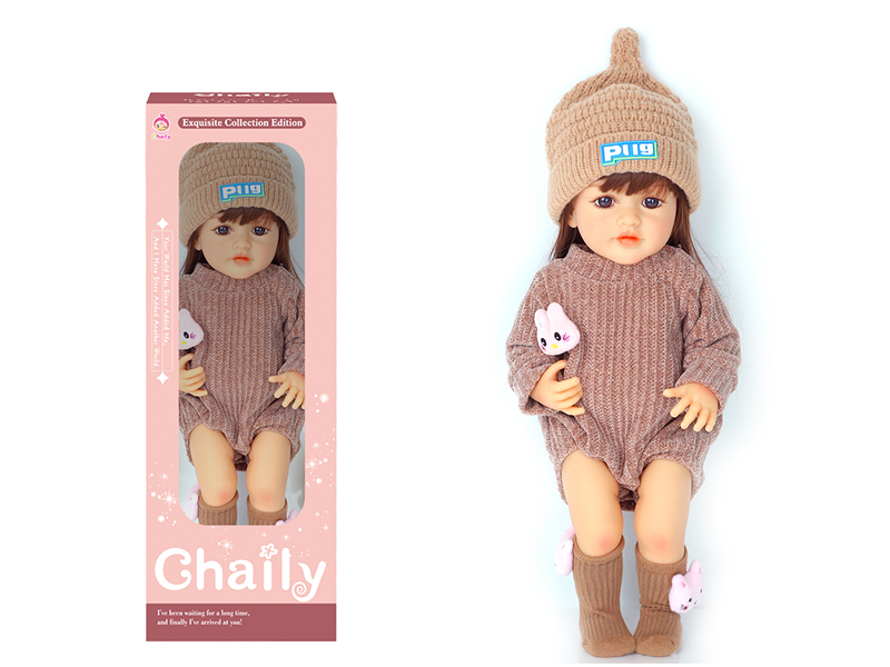 55CM Soft Glue High Simulation Baby Doll(Wig Sheath)With Diaper, Birth Card, Woollen Cap
