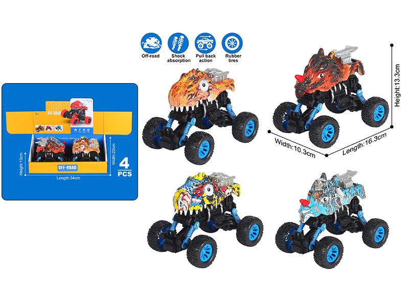 Double Pull Back 4WD Graffiti Off-Road Dinosaur Car 4pcs