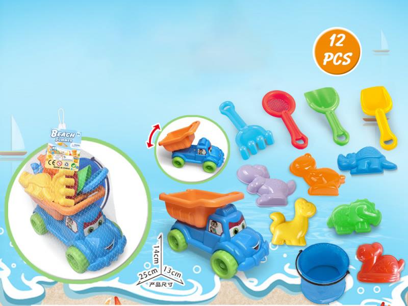 Large Truck With Dinosaur Beach Accessories + Folding Bucket (12 Pieces)