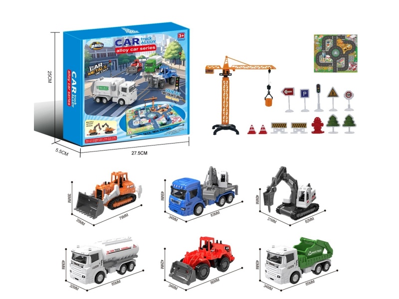 1:64 City Alloy Car Set B/6 Models (Crane Tower/Road Sign/Map)