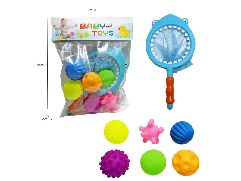 Shark Fishing Net + Cold-Colored Hand-Held Ball Cross-Border Bathroom Fish Fishing Toys, Bath Toys, Fish Fishing And Bathing Toys, Water Play Children'S Rubber Animal Toys