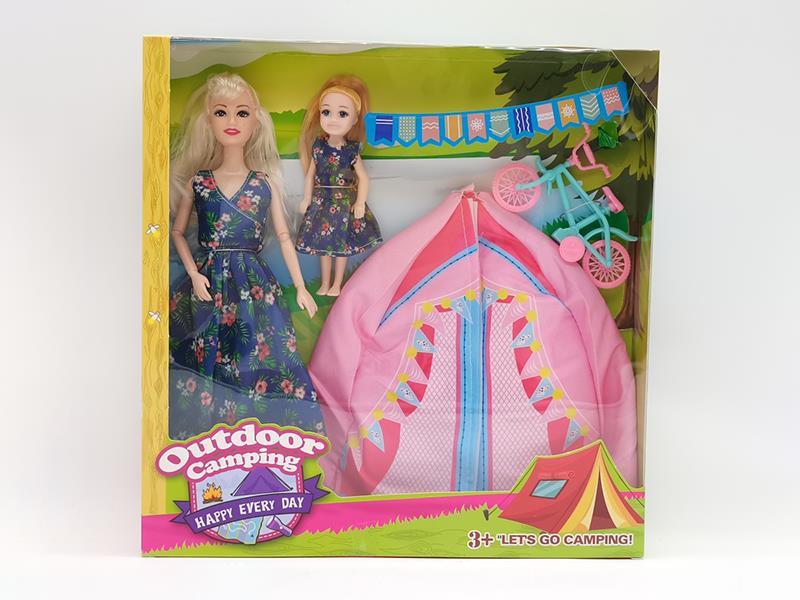 11.5" 9--Joint Solid Fashion Doll With Tent , Bicycle, 5" Little Girl Doll