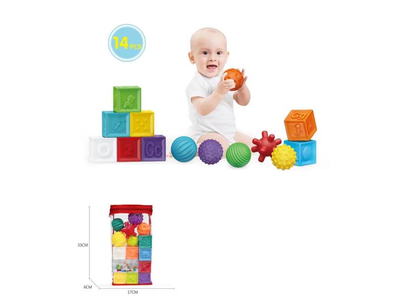 Baby Soft Plastic Building Blocks Set(8 Blocks With Numbers & Animals,6 Textured Sensory Ball)