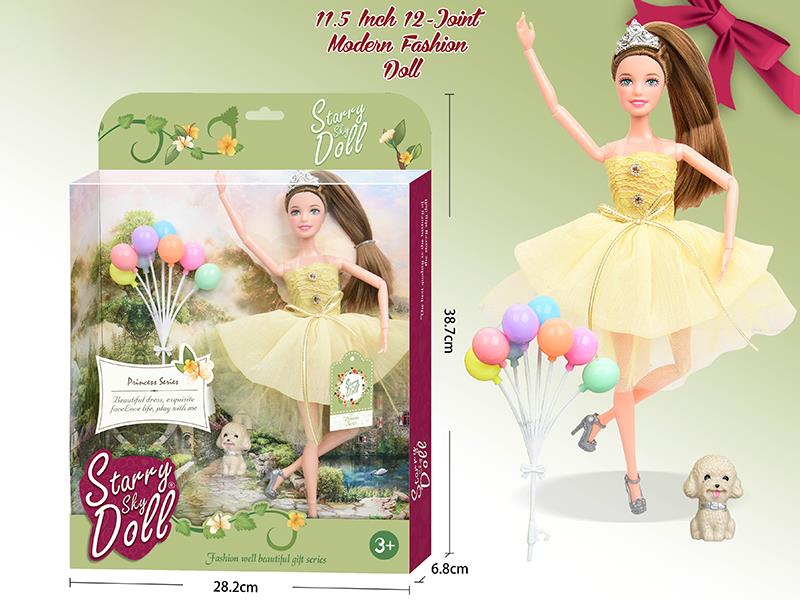 11.5 Inch 12-Joint Modern Fashion Doll With Balloon, Crown, Dog