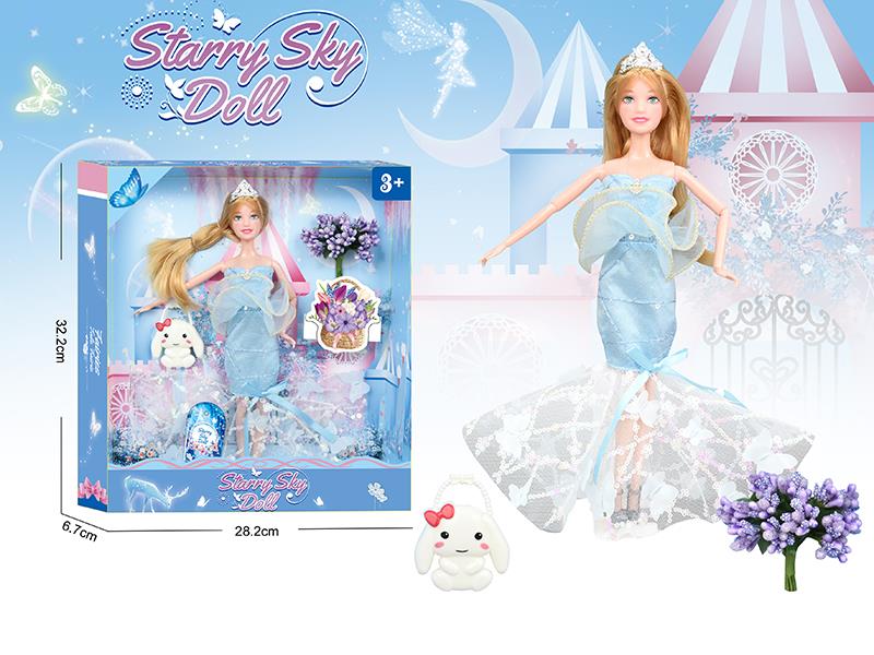 11.5 Inch 11-Joints Fashion Doll With Crown, Simulated Bouquet, Rabbit Handbag