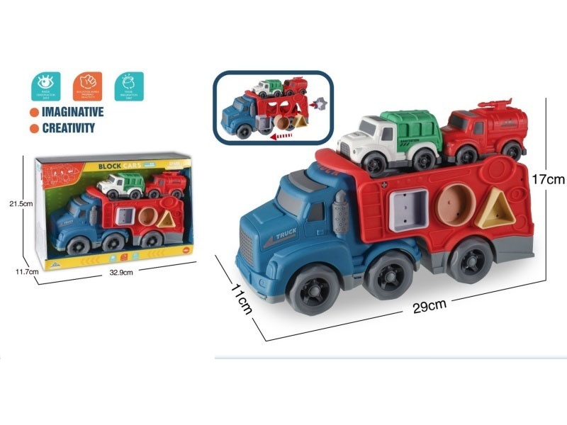 Lighting And Sound - Sliding Cartoon Transport Tractor (4 Geometric Grain-Shaped Blocks) - Paired With 2 Small Cars