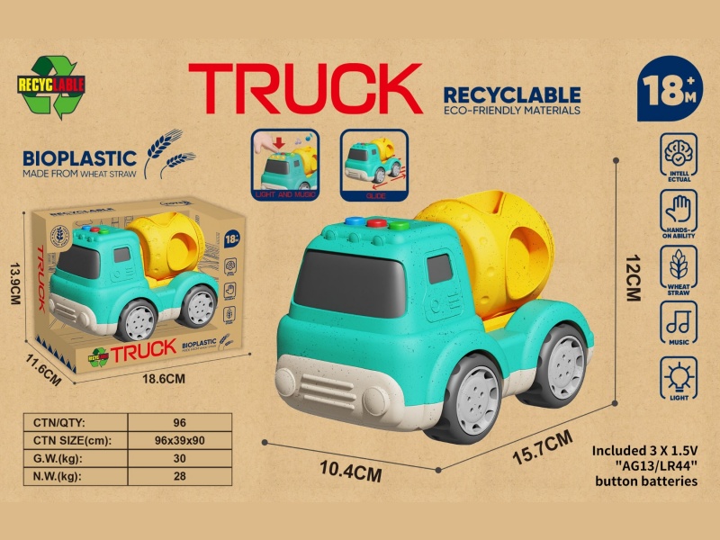 Straw Material Cartoon Sliding Engineering Mixer Truck (Lights And Music)