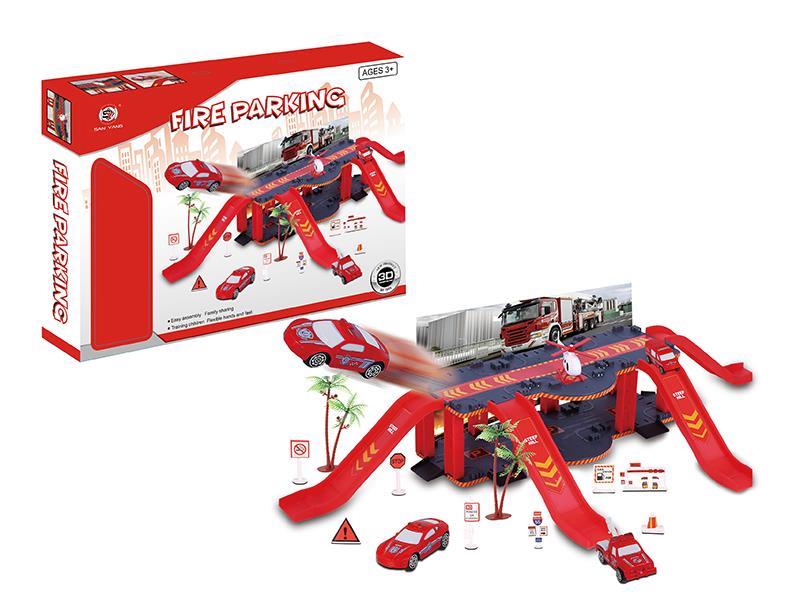 Fire Control Parcking Lot With 4 Slide Plastic Fire Engine,1 Airplane