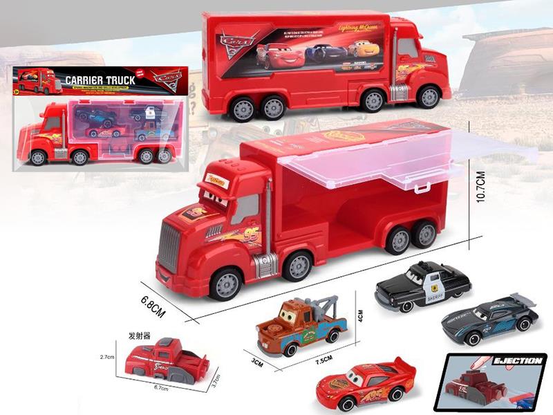 Friction Cars Storage Carrier Truck + 4pcs 7.5cm Slide Alloy Cars + Launcher