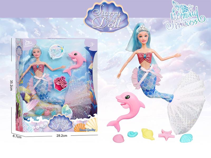 11.5 Inch 11-Joints Mermaid Princess Doll With Crown, Dolphin, Sea Shell Accessories