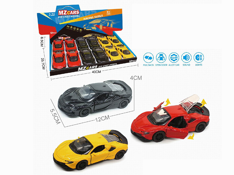 1:36 Pull Back Alloy Sports Car(3 Doors Can Open)(With Sound And Lights) 12pcs