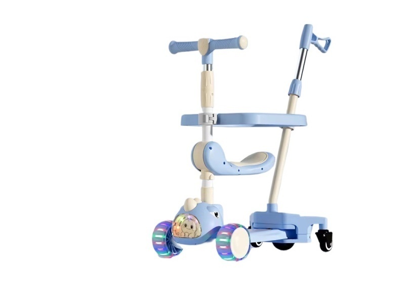 Children'S Scooter, One-Click Folding, Widened Flashing Wheels With Music + Lights (Hand-Pushed Seat Fence Model)