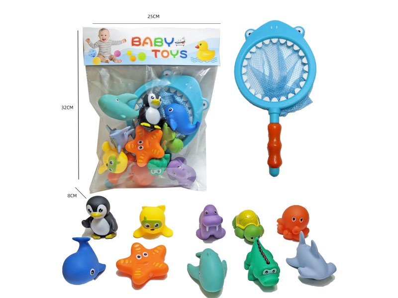 Shark Fishing Net + Soft Rubber Ocean Set (11-Piece Set) Cross-Border Bathroom Fish Fishing Toys, Bathing Toys, Fish Fishing And Bathing Toys, Water Play Children'S Rubber Animal Toys
