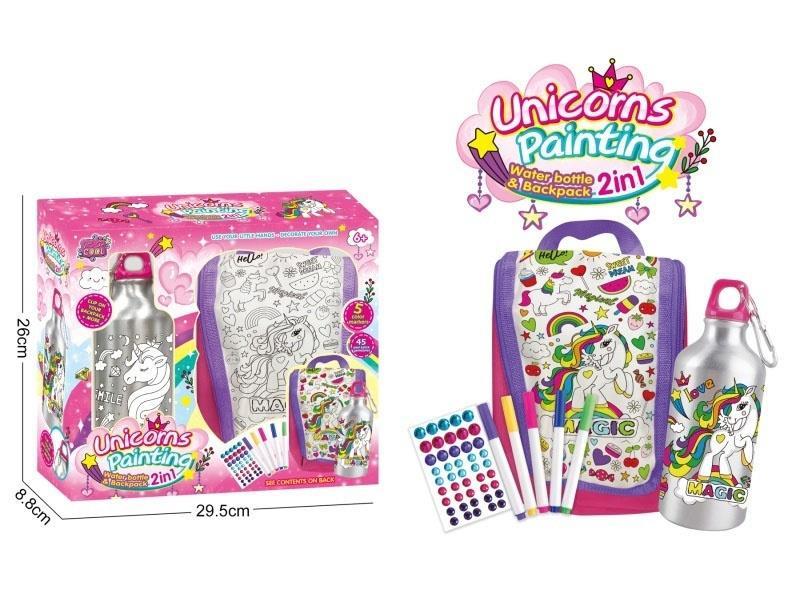 Unicorn Series - 2-In-1 Graffiti Water Bottle + Handbag (500Ml Water Bottle, 5-Color Watercolor Pens, 1 Diamond Sticker)