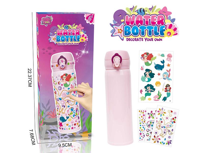 DIY Pink Water Bottle(480ML,3 Sheets Of Glitter Gem Stickers,1 Sheet Of Mermaid  Stickers)