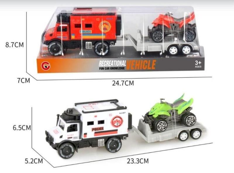 A Small-Sized Inertial Single-Row Unimok Police Car Towing A Beach Motorcycle