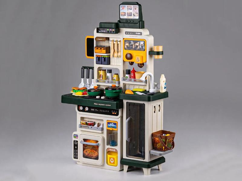 Kitchen Toys Kitchen Counter With Lights, Music, Water, Spray Range Hood, Multifunctional Touch-Screen Ordering Machine