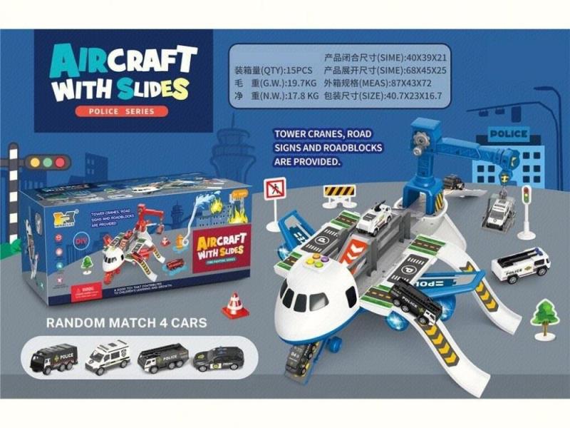Intelligent multi-functional 2-in-1 track crane tower Deformation inertial aircraft parking lot with sound and Light - Police (equipped with 4 police alloy vehicles +12 roadblocks)