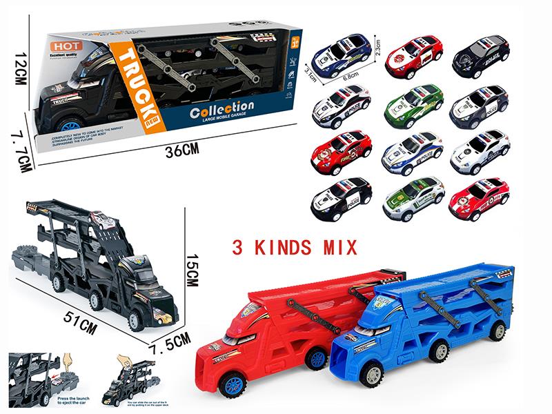 Three-Decker Folding Ejection Container Truck + 3PCS 6.8CM Pull Back Iron Police Cars