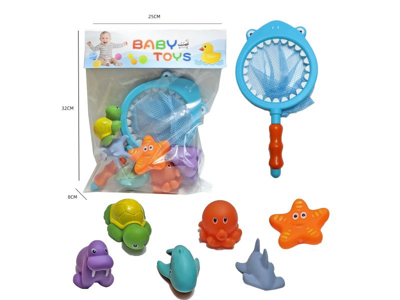 Shark Fishing Net + Soft Rubber Ocean Set (7-Piece Set) Cross-Border Bathroom Fish Fishing Toys, Bathing Toys, Fish Fishing And Bathing Toys, Water Play Children'S Rubber Animal Toys