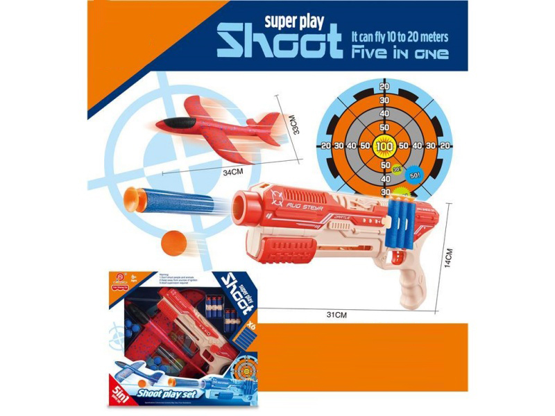 5-In-1 Multi-Functional Aircraft Gun (Bright Red + Pink) Soft Ammunition X6, Eva Balls X6, Target X1, Aircraft X1, Gun X1, Instruction Manual X1