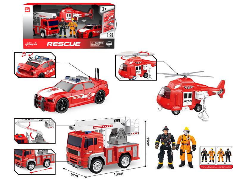 1:20 Friction Fire Rescue Vehicle Set 3pcs(Sound & Lights)