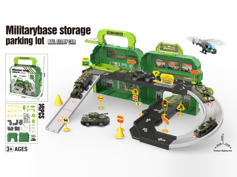 Military Base Storage Parking Lot Rail Alloy Car(With 1 Alloy Car, Road Signs)36PCS