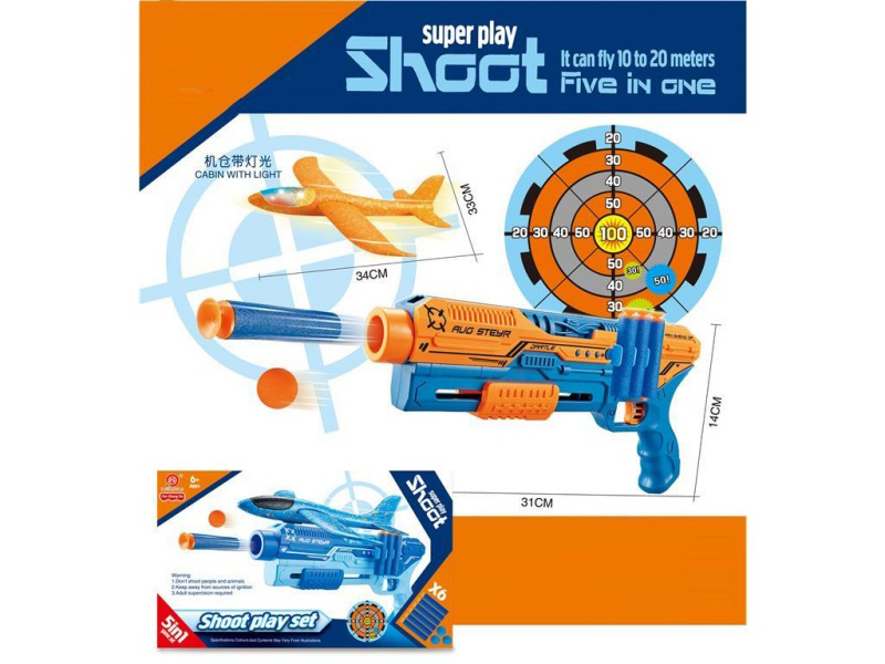 5-In-1 Multi-Functional Aircraft Gun (Blue + Orange) Soft Ammunition X6, Eva Balls X6, Target X1, Aircraft (With Cabin Light And Whistle) X1, Gun X1, Instruction Manual X1