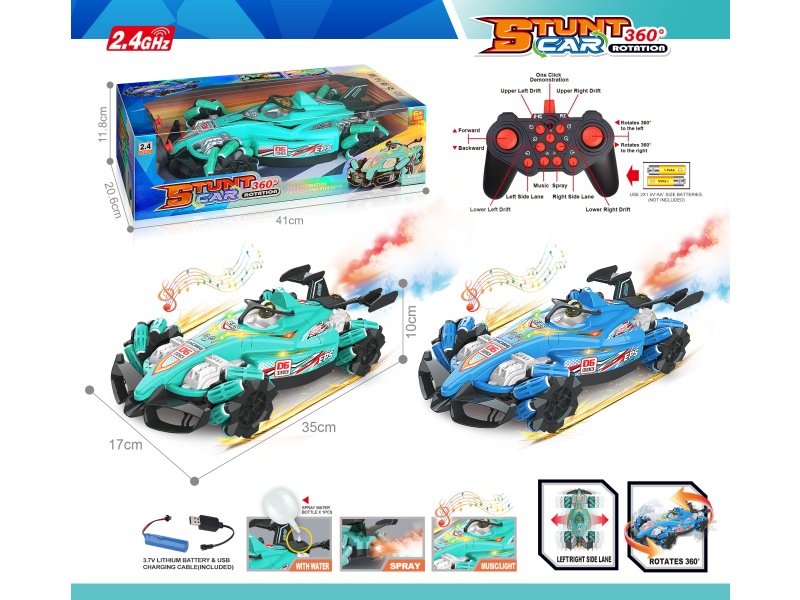 2.4G 1:12 13-Way Remote Control With Spray, Lighting, Music, 360-Degree Rotation, All-Round Side-Moving Drift Equation Stunt Car (Including Battery), Blue And Green Mixed