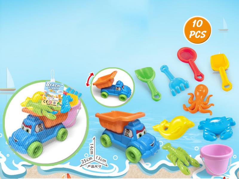 A Large Truck With Beach Accessories And Buckets (10 Pieces)