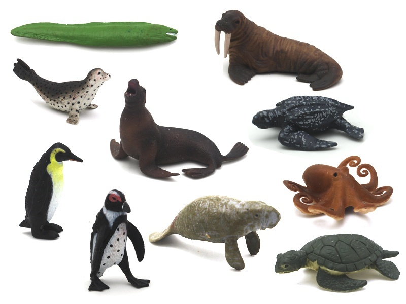 10 Mini Marine Creatures (A Walrus +B Spotted Seal +C Manatee +D Sea Lion +E Emperor Penguin +F South African Black-Footed Penguin +G Leatherback Turtle +H Octopus +I Sea Turtle +J Eel)