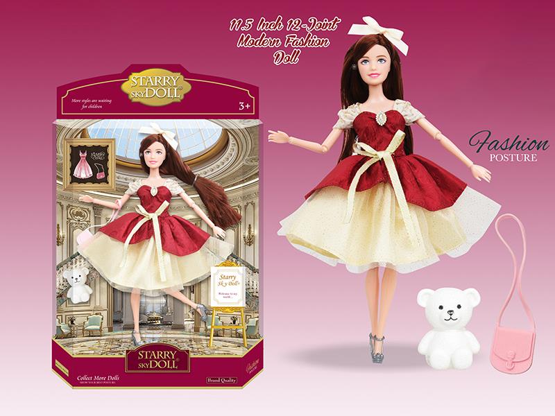 11.5 Inch 12-Joint Modern Fashion Doll With Bear, Bow Headdress, Handbag