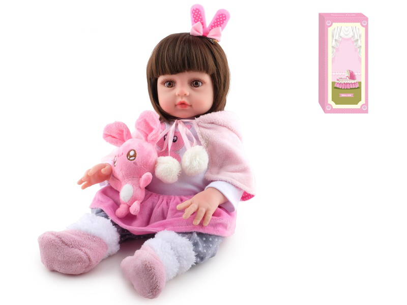 45cm Soft Plastic Reborn Doll(Wig Sheath)With Feeding-Bottle, Magnetic Pacifier, Diaper, Birth Card, Rabbit
