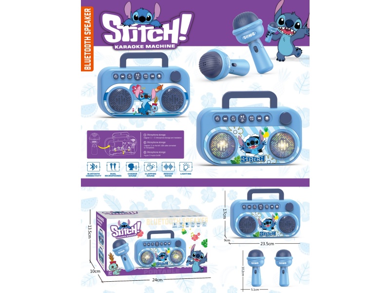 Stitch Dual-Microphone Bluetooth Speaker (Bluetooth. Lights. Applause. Voice Change. Play. Pause. Previous. Lower Part. Loud. Soft. "Music
