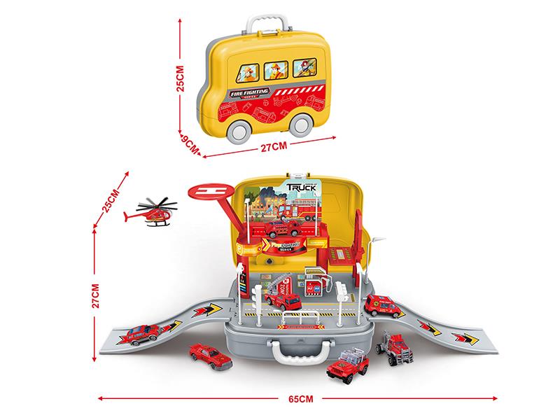 Storage Suitcase Fire Fighting Series Track Parking Lot With 1 Helicopter And 2 Alloy Cars