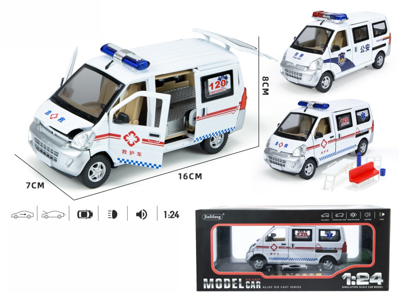 1:24 Police Car, Ambulance Pull Back Alloy Six-Door Car Model With Sound And Light