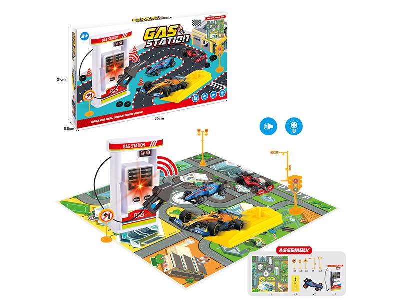 Gas Station Scene Set With Sound, Lights, And Music(2 Pull Back Equation Cars + Launcher)